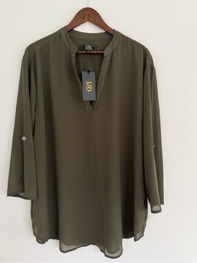 L&B Lucky & Blessed Olive Sheer 3/4 Sleeve Tunic Blouse NWT Size 2X